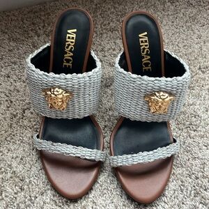 Versace Medusa Heel. Summer nude with brown heel.